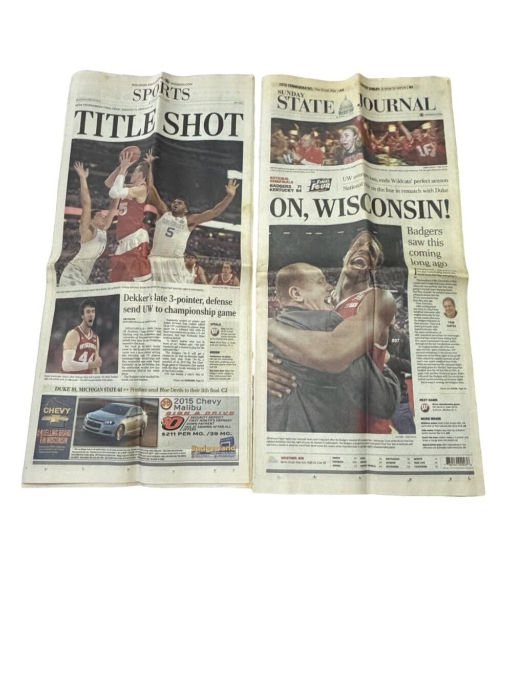 Lot of 2 Wisconsin State Journal April 5 2015 NCAA Final Four "Title Shot" & "On